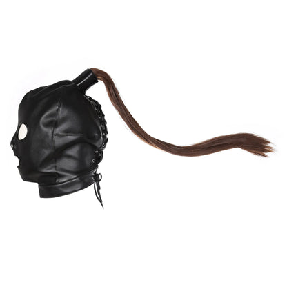 Exotic Leather Mask - Bondage Hood & Braid Tail